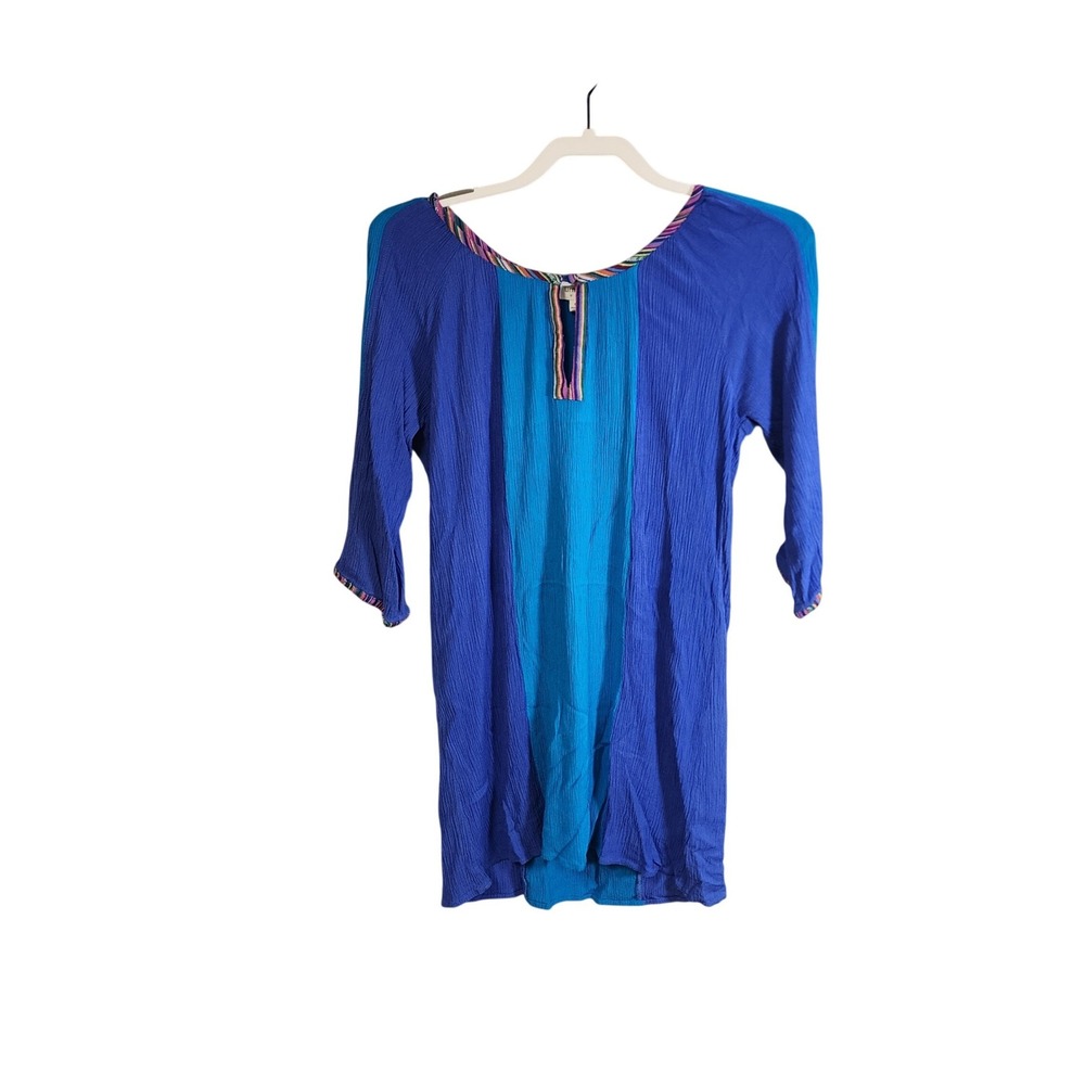 Umgee  Bohemian USA Blue Colorblock Crinkle Tunic Top Striped Trim Womens Medium